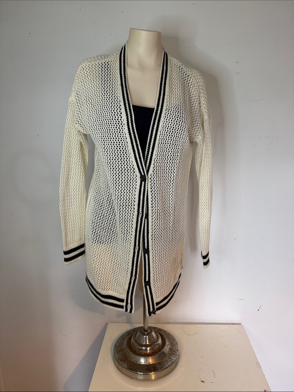 American Eagle Outfitters Cream Open-Weave Cardigan with Black Trim